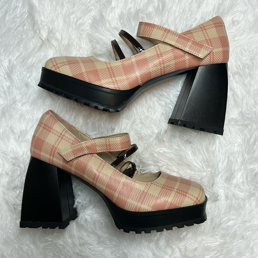 Dolls Kill Pink Brown Plaid Platform Mary Jane Heels | Size 8